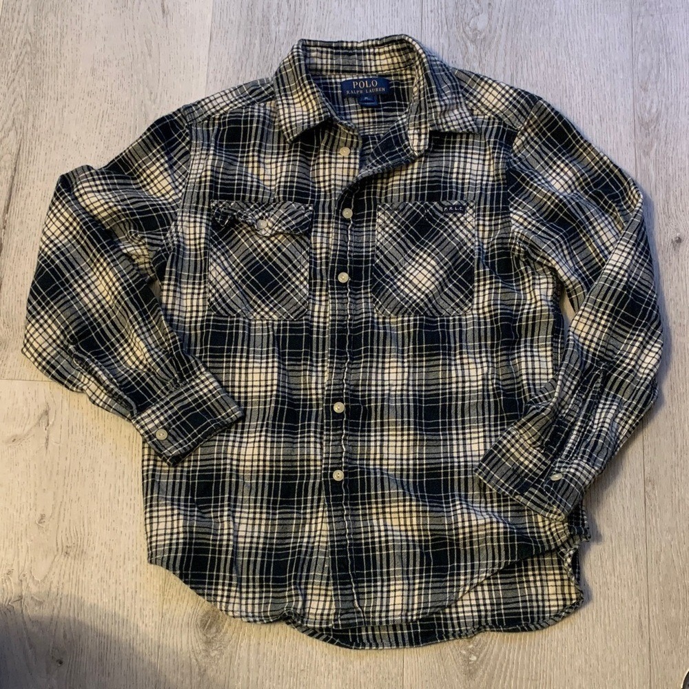 Polo Ralph Lauren Boys 10-12 M Plaid Button Down Shirt Cotton Really Soft Black